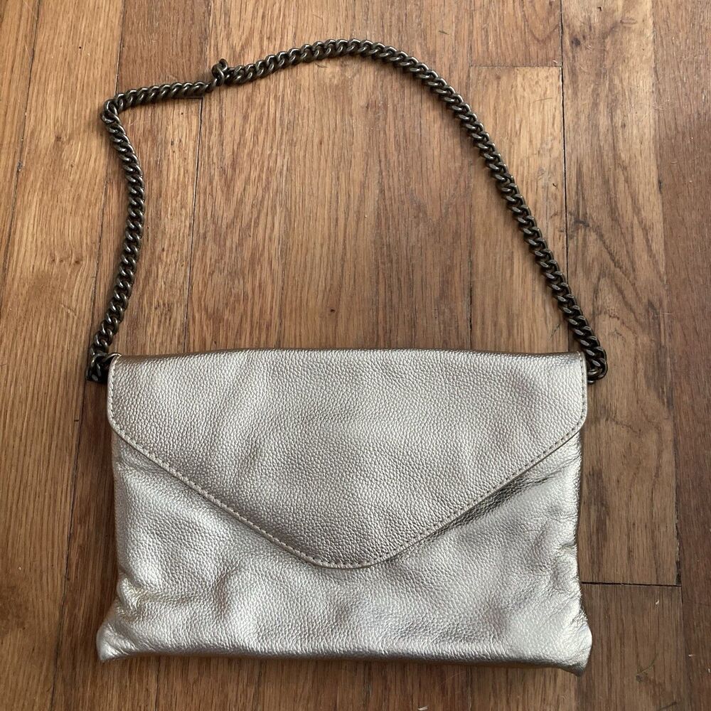 J. Crew Gold Leather Envelope Purse Clutch Chain Strap Metallic Evening Cocktail